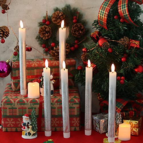Image of Wondise Flameless Taper Candles with Remote & Timer, 9 Inch Real Wax Silver Battery Operated LED Flickering Candles for Christmas Thanksgiving Decorations