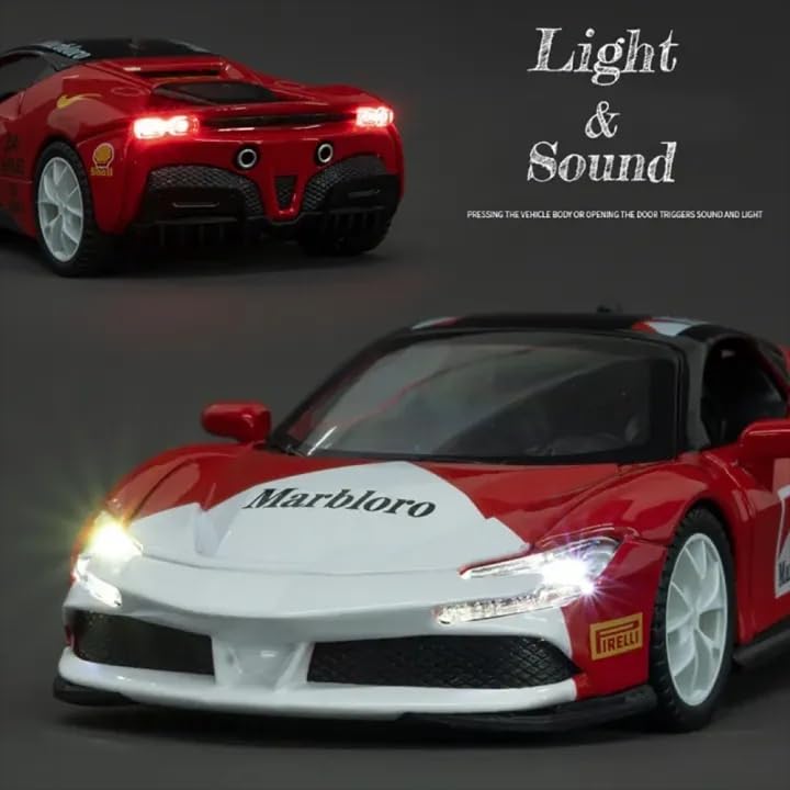 Image of Alokik Enterprise 1:32 Marbloro Ferrari SF90 Sport Die-cast Metal Pull Back Car with 2 Openable Doors with Lights and Sound Toy Decoration, Showpiece Car Best Gift Toys for Kids 【Red】