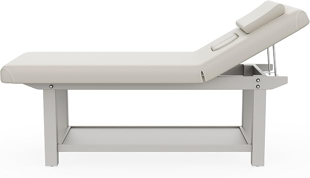 pouseayar Stationary Massage Table Treatment Clincal Beauty Bed/PU Spa Bed, 31.5 Inchs Wide PU Leather - Beige Gray - 4-Legged - Integral Structure