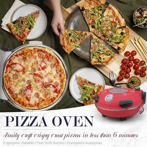 Image of Baker's Friend Electric Pizza Oven Indoor Countertop, 12 Inch Pizza Maker Machine for Home, Pizza Cooker & Pizza Grill, Premium Glazed Ceramic Stone Pizza Oven, Chilli Red