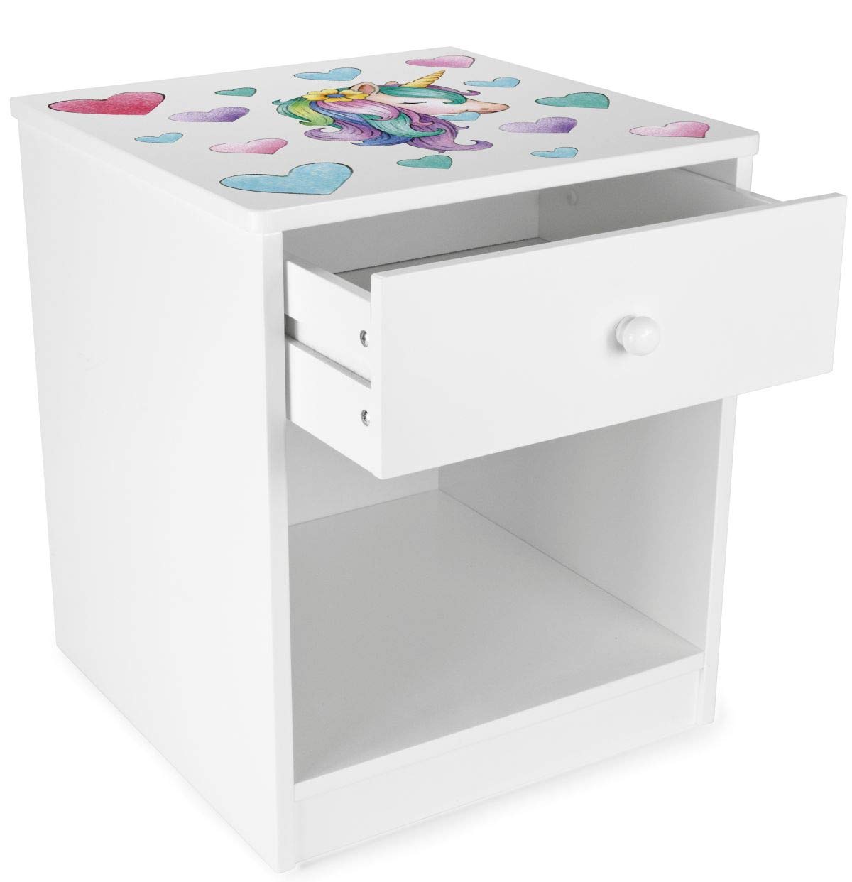 Leomark Chevet avec Un Tiroir Petite Commode de Nuit pour Enfant Blanc Table de Nuit casier avec 1 tiroir et 1 Niche Hauteur 40 cm Motif Licorne