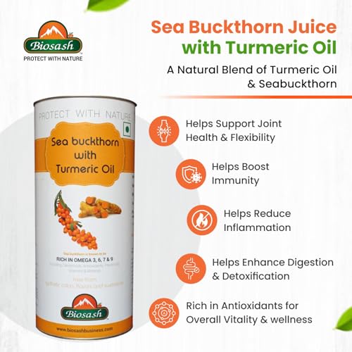 Image of Biosash Sea Buckthorn Juice with Turmeric Oil 250ml | From Certified Organic Berries, Cold-Pressed | Rich in Omega 3 6 7 9, Vitamins & Antioxidants | No Added Sugar, Herbal & Vitality | 50 Serves