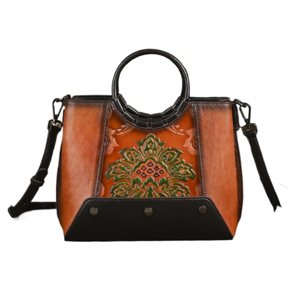 Minimalist Women's Top-Grain Leather Crossbody Bag - Retro Embossed Hand-Distressed Handheld Bag, Vintage Style(Brown)