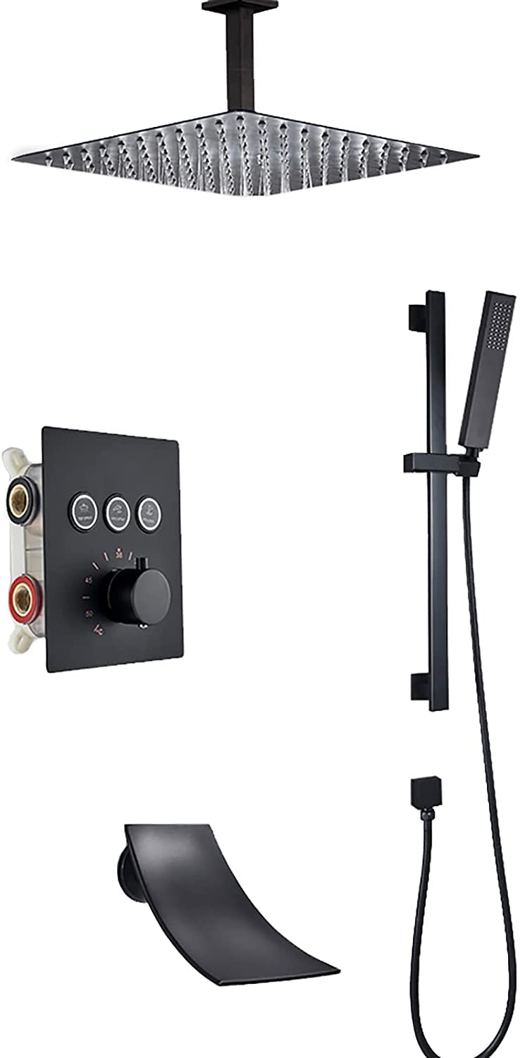 OZBMA Thermostatic Shower System with Tub Spout Black Faucet Set Ceiling Mounted Rainfall Head Handheld Rain Mixer Combo Set,10 inches