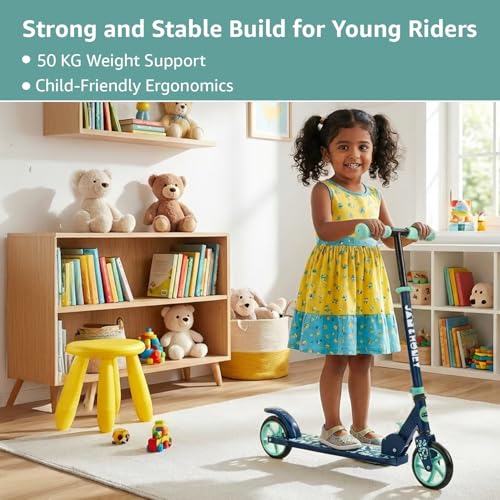 Image of Amazon Brand - Jam & Honey Kids Kick Folding Scooter for Kids (2+ Years) | 3- Step Height Adjustable Handle, Smooth Bearing Wheels & PVC Tyres | BIS Certified | Teal Blue