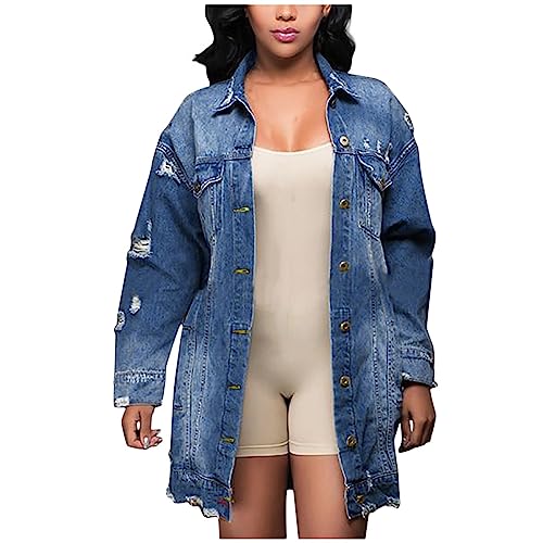 Generisch Chaqueta vaquera para mujer, estilo vintage, de gran tamaño, estilo vaquero, rasgada, larga, con solapa, moderna, con botones, para entretiempo, informal, Y2k, azul, M