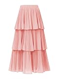 OULESIS Womens Pink Maxi Skirt Pleated Chiffon Ruffle Tiered Layed Elastic Waist Skirts Long A Line Swing Midi Skirt Fall Outfit