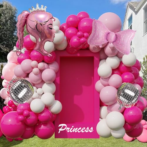 Image of Hot Pink Princess Balloon Arch Kit with Rose Red, Light Pink, Matte White Balloons, Silver Disco Ball, Bows and Crown for Girl Summer Birthday, Coquette Party, Ballerina,Graduation, Baby Shower Decor