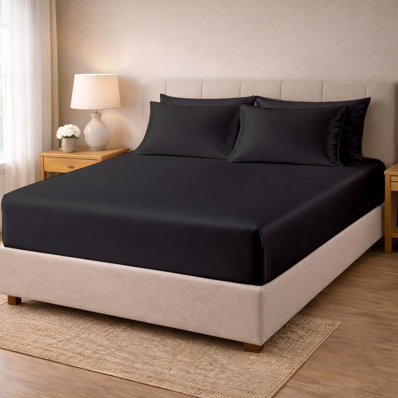 Image of Filbert - Premium Satin Fitted Bedsheet Single Bed (36x75 Inch) with 1 Pillow Cover | Hypoallergenic Breathable | Hair and Skin Friendly, Women Gift Choice|Midnight Black