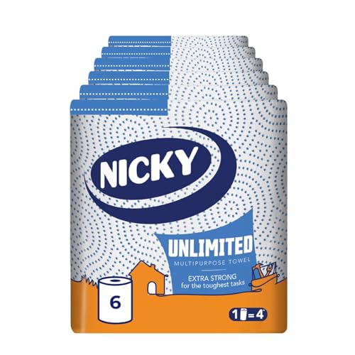 Nicky Unlimited Multipurpose Towel – 6 Rolls Per Pack, 3 Ply Roll, 250 Sheets per Roll, 1500 Sheets per Pack, Easy Opening Pack, Extra Strong, Indoor or Outdoor Use, 30% Recycled Packaging