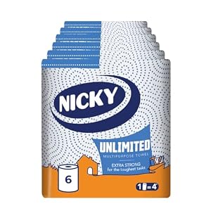 Nicky Unlimited Multipurpose Towel – 6 Rolls Per Pack, 3 Ply Roll, 250 Sheets per Roll, 1500 Sheets per Pack, Easy Opening Pack, Extra Strong, Indoor or Outdoor Use, 30% Recycled Packaging