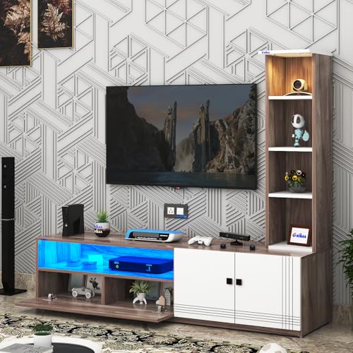 Image of Anikaa Sprax Engineered Wood Floor Standing Modern TV Unit with LED Light for Living Room | 2-Door & Open Box Cabinet with Side Shelf Storage | Ideal for Up To 55 inch | (Coachwood /White) DIY Installation