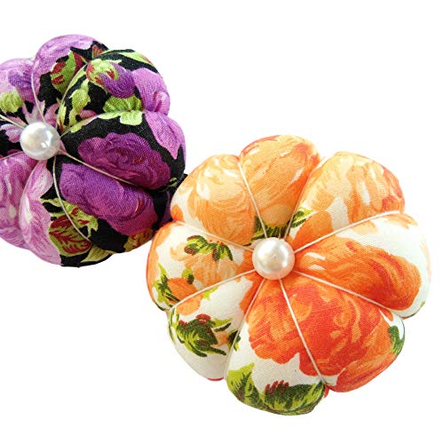CUSHYSTORE 2X Orange Purple Wrist Arm Flower Floral Garden Pin Needle Cushion Pincushion Wearable Pumpkin Sewing Holder Safety with Adjustable Elastic Band for Girl Women Gift