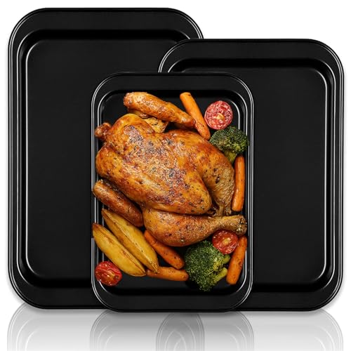 AMERTEER 3PCS Kitchen Nonstick Baking Sheet Pan Baking Tray Set For Oven Nonstick Carbon Steel Baking Tray for Oven Cookie Sheet Set Non Toxic & Healthy Easy Clean Baking Sheets Pans Bakeware