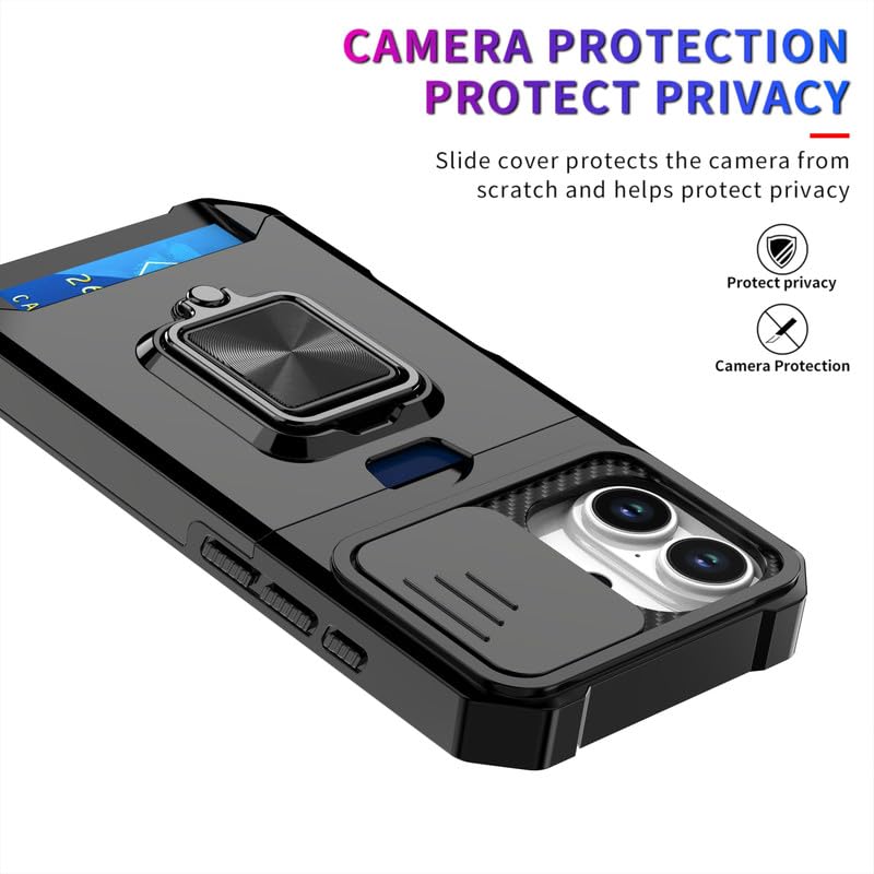 Image of LuxuryKase Shockproof Armor Case for iPhone 17 | Slide Camera Cover | Hidden Card Slot | Rotating Ring Kickstand | Magnetic Car Mount Support | Military Grade Protection - Black