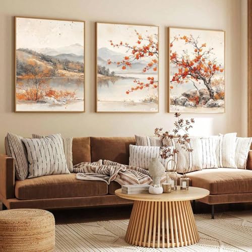 Affiche sur toile aquarelle de paysage de lac et montagnes brumeuses rétro 60x80cm