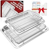 Air Fryer Basket for Oven, 2 Set Oven Air Fryer Basket and Tray with Cooking Guide&60 PCS Parchment Papers,DEGOVIN Crisper Tray Non-stick Stainless Steel Air Fry Pans for Convection Oven(Large+Medium)