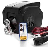 Descripción del producto: cabrestante eléctrico de 12 V con mando a distancia inalámbrico para camión de barcaza, remolque eléctrico, herramienta de elevación de mano de 2270 kg. Voltaje: CC 12 V. Cable de acero de cabrestante: 10 m. Velocidad: 1,5 m. Relación: 650:1. Longitud del cable de alimentación: 6 m. Peso: 18KG; Mando a distancia inalámbrico