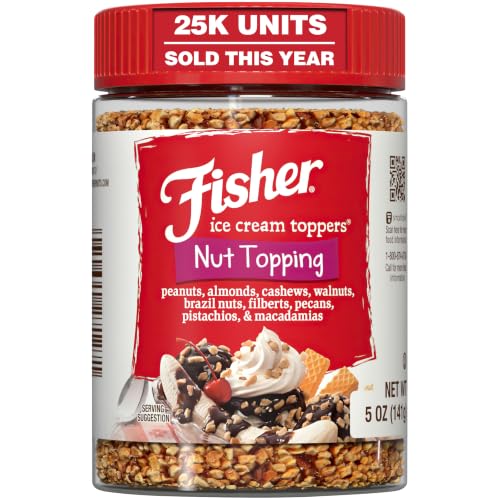 Image of Fisher Mixed Nuts Ice Cream Topping, 5 oz, Peanuts, Almonds, Cashews, Walnuts, Brazil Nuts, Filberts, Pecans, Pistachios & Macadamias, Gluten-Free, No Added Sugars, Ice Cream, Yogurt, Salad Toppings