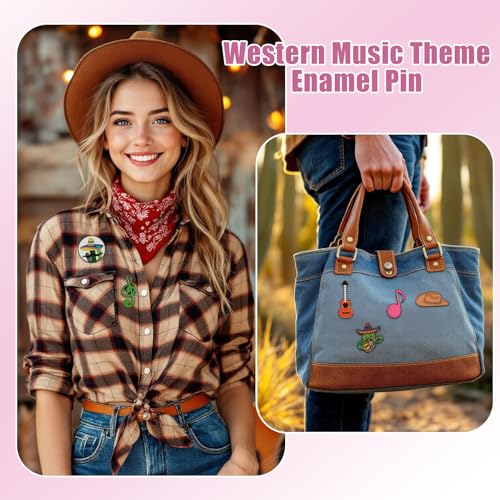 Image of Cheriswelry 16Pcs Enamel Backpack Pins Set Western Cowboy Music Theme Enamel Lapel Pins Brooch Button Pin 14.5-41mm for Clothes Jacket Hat Bag Decoration