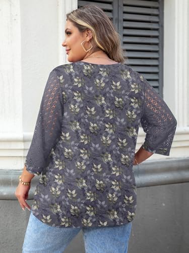 Chulianyouhuo Plus Size Tops for Women 3/4 Lace Sleeve V Neck Tee Shirt — view 3