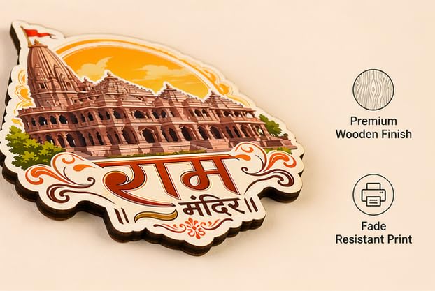 Image of Ram Mandir Theme Wooden Fridge Magnet Souvenir | 3x3 in Kitchen Home Decor Gift