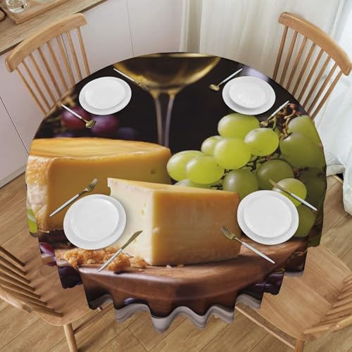 LHDGSJE Round Tablecloth 60 Inch White Wine Cheese Cake Grapes Waterproof Tablecloth for Dining Table Kitchen Farmhouse Table Cloth Wrinkle Free Table Cover for Dining Party Buffet Wedding