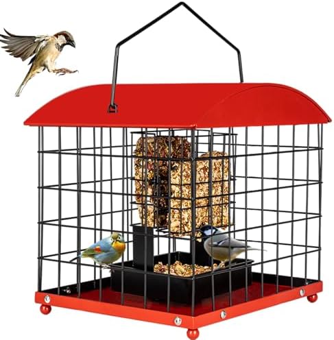 Caged Double Suet Feeders - Starling Proof Seed Wild Bird Feeders- Squirrel-Proof Large Metal Dual-Purpose Caged Bird Feeders for Outdoors Hanging, Red