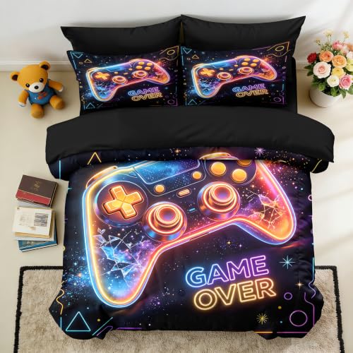 Image of NINENINE Gamer Controller Comforter Sets, Neon Galaxy Gaming Bedding 5PCS Full Size Comforter Sets for Teen Boys Gamers (1Comforter, 1Flat Sheet, 1Fitted Sheet, 2Pillowcases)