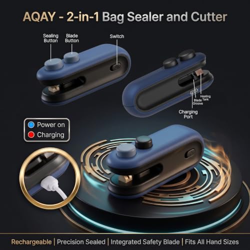 Image of AQAY 2-in-1 Bag Sealer and Cutter, Mini Food Sealer with Magnet Design, Mini Rechargeable Handheld Bag Sealing Machine for Chips Snacks Plastic Bags Fresh Storage Color - Navy Blue