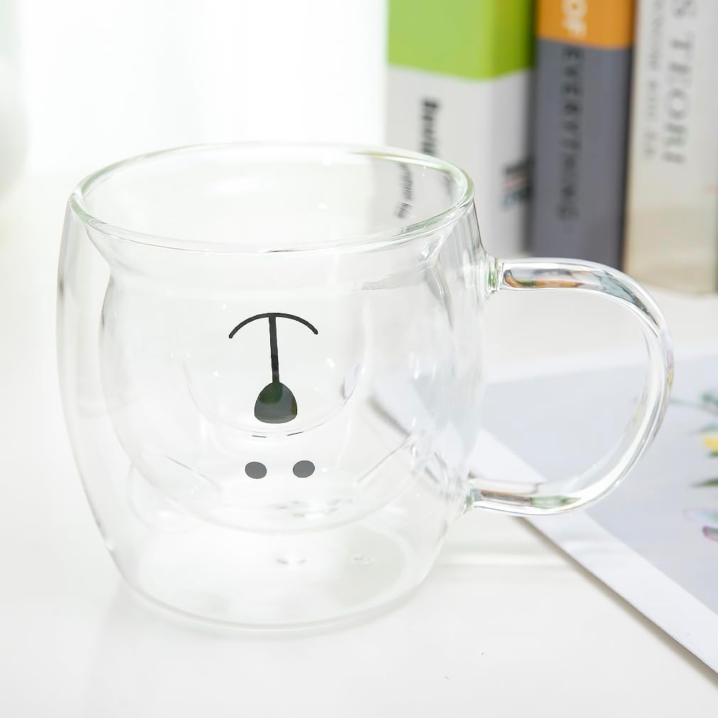lachineuse - Cute Bear Cup Transparent – Double-Walled Glass – with Handle – Capacity 275 ml – Coffee, Tea, Hot Chocolate, Cappuccino – Japanese Decorative Mug – Japan Asia Gift Idea