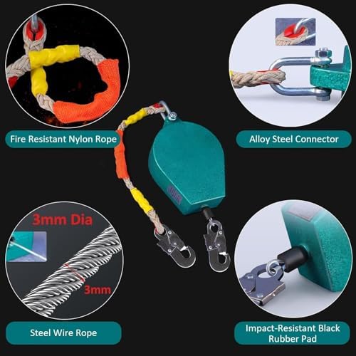 Double Brake System Fall Arrester with Self-Locking Hook, Safety Anti-Fall Gear for Rescue, Climbing, Rock Wall, Roofing - 5m (16.4ft) Length
