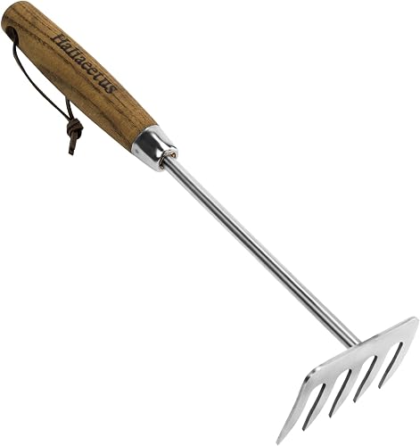 Haliaeetus Small Rakes, 12.6'' Mini Rake for Raking Debris in Flower Beds | 5 Tines Small Hand Rake Make Loosening Soil A Snap, Stainless Steel Garden Hand Rake with Comfortable Wood Handle for Weeding