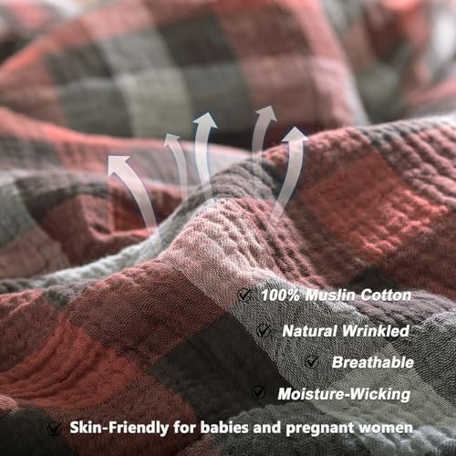 Image of VM VOUGEMARKET Red Gingham Duvet Cover King Muslin Cotton Plaid Bedding Set Soft Breathable Linen Like Gauze Comforter Cover with Zipper Closure for Adults-3 Pieces,104 inchx90 inch