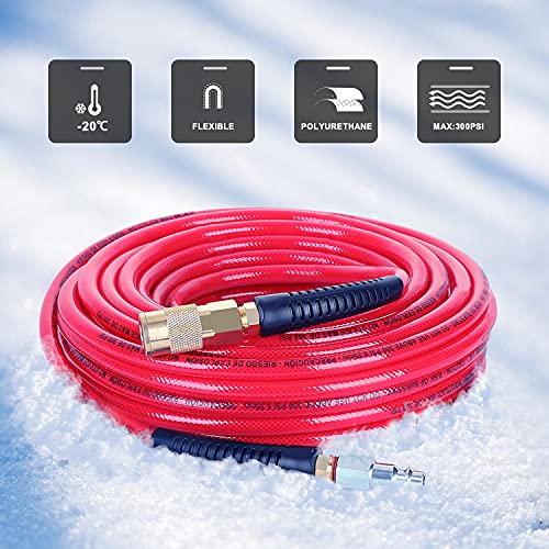 Hromee 1/4-Inch X 50 Feet Polyurethane Air Hose With Bend Restrictors Pu Compressor Hose With 1/4" Industrial Quick Coupler And Plug Kit, Red #TOP5