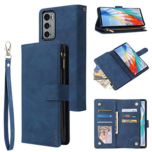 LBYZCASE Phone Case for LG Wing 5G(2020),LG Wing Wallet Case,Luxury Folio Flip Leather Cover[Zipper Pocket][Wrist Strap][Kickstand ][Magnetic Closure] for LG Wing (Blue)