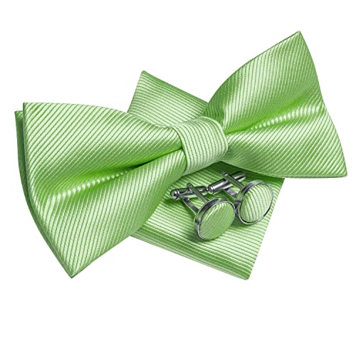 Image of Hi-Tie Bow Ties for Men Baby Green Striped Handkerchief Lapel Pin Cufflinks Mens Bowtie Sets for Wedding Formal Party