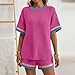 Women's 2 Piece Outfits Loungewear Colorblock Short Sleeve Womens Tops Elastic Waist Shorts Ribbed Knitted Sets 2025 Fashion Hot Pink