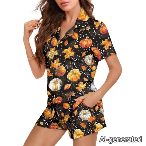 Image of Renewold Women's Short Sleeve Pajama Set Button Down Sleepwear with Notch Collar Soft Lounge Top and Shorts with Pockets