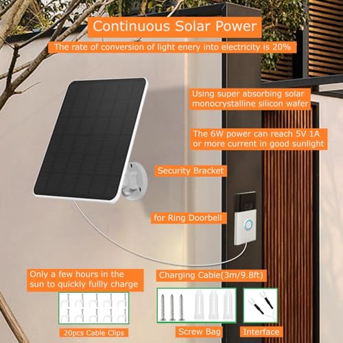 6W Solar Panel for Ring Doorbell,Solar Charger for Ring Video Doorbell 2,Video Doorbell 3,Video Doorbell 3 Plus,Video Doorbell 4,Battery Video Doorbell Plus,IP65 Waterproof,Adjustable Panel Mount