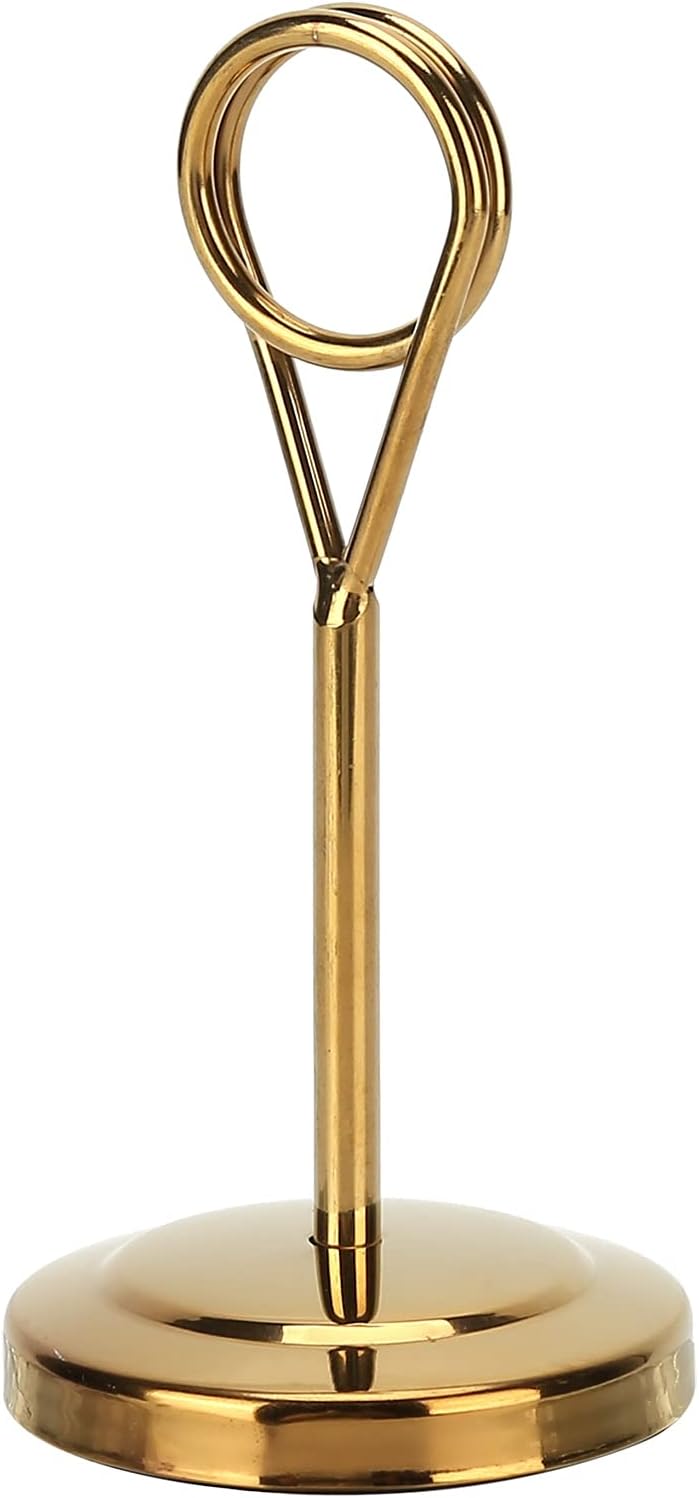 Table Number Holder, Small Table Sign Place Stainless Steel Card Holders with Weighted Base, for Wedding Party Office Desk Name Memo Menu Photos Clips (4 inch -Gold)