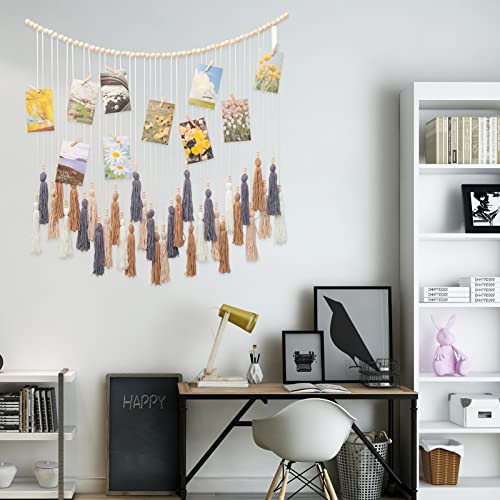 Macrame Photo Wall Hanging, Hanging Photo Display With Clips, Boho Tassels Garland Photo Display, For Bedroom Wall Decor, Girls' Room Decoration (43"X31") #TOP4