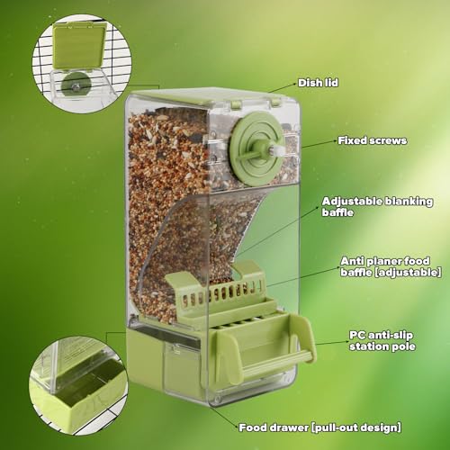Image of Bird Feeder No Mess 2PCS Automatic Clear Bird Seed Food Container Acrylic Parrot Feeder Dispenser Cage Accessories for Parakeet Budgies Cockatoo Canary Love Bird (Green)