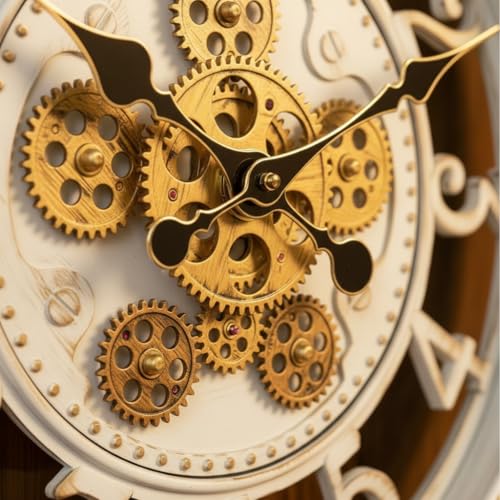 Image of STAR WORK Vintage Gear Wall Clock Industrial Rustic Farmhouse Classic Style Mechanical Charm Perfect for Living Room Bedroom Office or Entryway Decor (White -18 INCH)