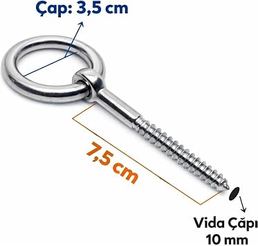 M10 Halkalı Vida Tavan Kancası, Paslanmaz Çelik, 7,5 cm Uzunluk, Salıncak, Hamak ve Boks Torbası Montajı için