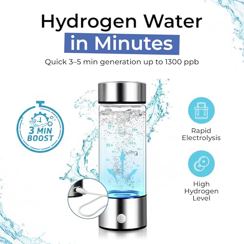 Hydrogen Water Bottle with Advanced PEM and SPE Technology - Portable Glass Water Ionizer Producing Up to 1300PPB Hydrogen (Silver) - Image 2