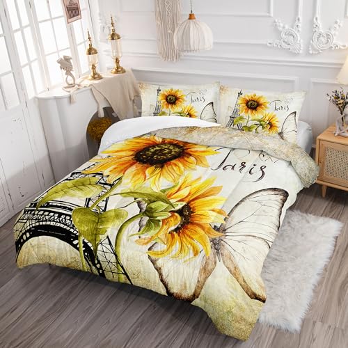 Image of AILONEN Sunflower Comforter Set Full Size,Sunflowers Butterfly Bedding Set,Paris Eiffel Tower Retro Comforter Sets, 1 Quilt and 2 Pillowcases