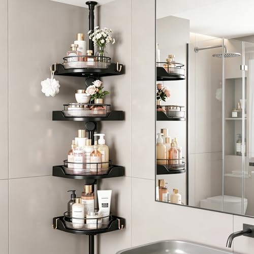 360° Rotating Tension Pole Caddy – 4-Tier Corner Shower Organizer...