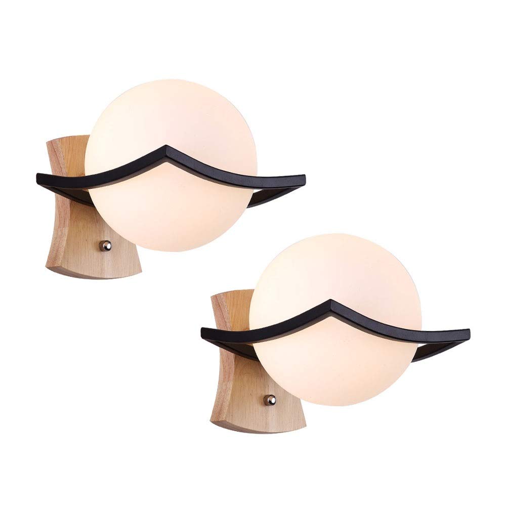 2 Packs Wood Wall Light Nordic Wall Sconce with White Globe Glass Lampshade, Modern Wall Lamps Indoor Decorative Lighting Fixture for Living Room Bedroom Bedside Hallway