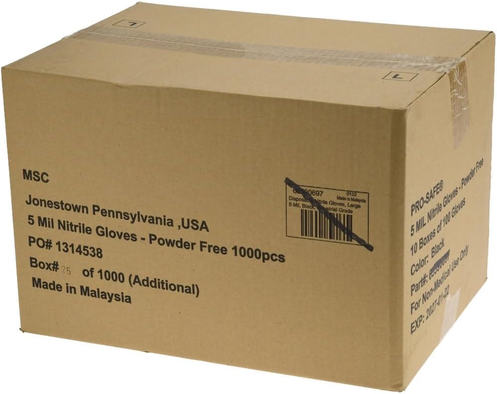 Disposable Gloves Size Large, 100 Count, Pack of 10, 5.1 mil, Nitrile, General Purpose Grade, Powder-Free, No - Black, 9.5" Long, Grain (Full) Grip